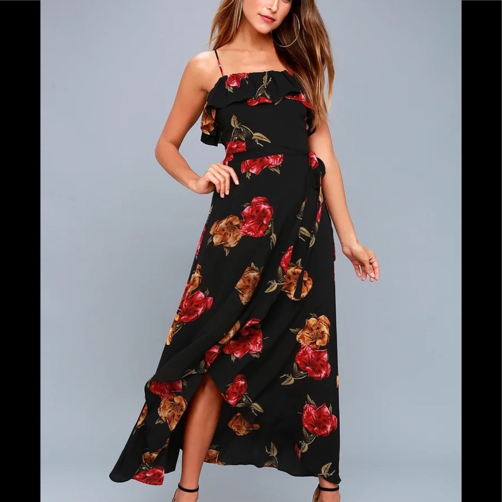Lulu’s Good To You Black Floral Print Wrap Dress